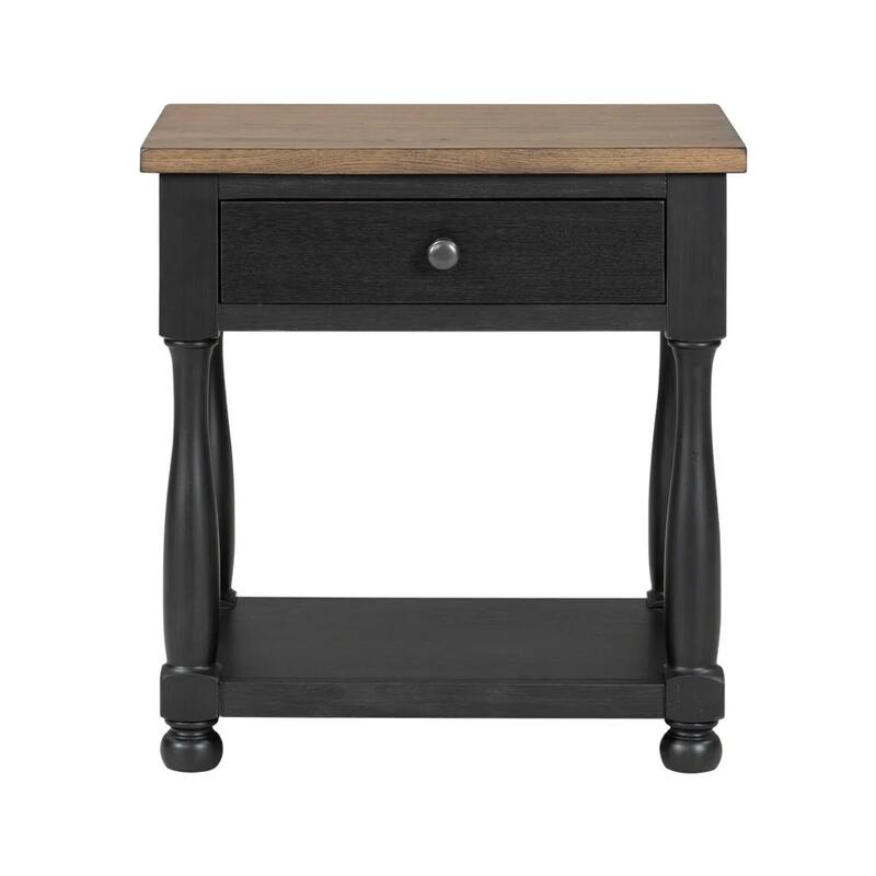 Ginie Nightstand, USB Ports and Drawer, Shelf, Black Rustic Oak Wood