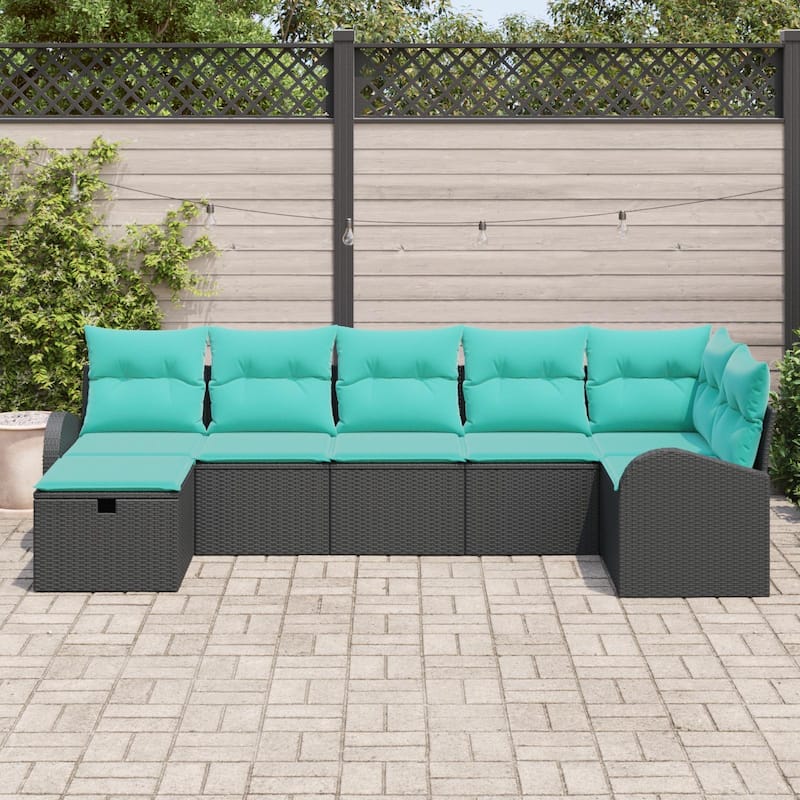 vidaXL 7/8 Garden Sofa Set with Cushions Black/Brown/Grey Poly Rattan - 113.8 x 48.8 x 27.2