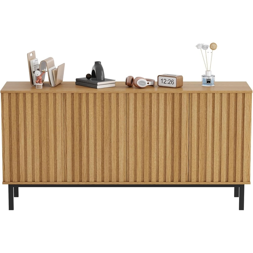 Wooden Freestanding Sideboard Buffet Cabinet with Fluted Doors, Adjustable Shelf Storage