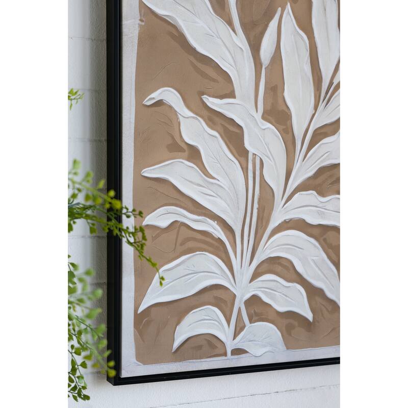 23.6x35.4" Brown and White Minimalist Leaf Paintings with Black Frame, Set of 2