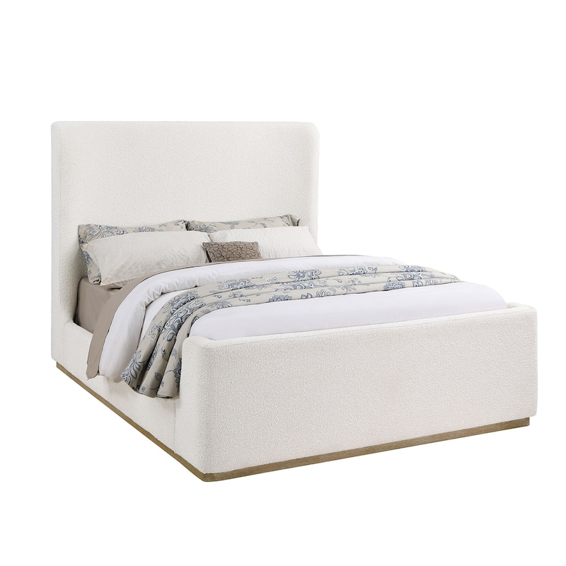 Upholstered Sleigh Bed with Wood Finish Trim in Cream - Queen
