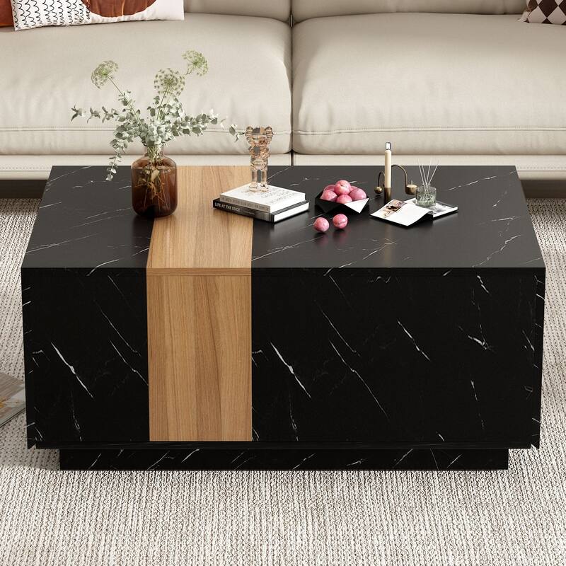 Modern 35.4 x 23.6 Inch Two-tone Coffee Table with Faux Marble and Walnut Wood Grain Finish