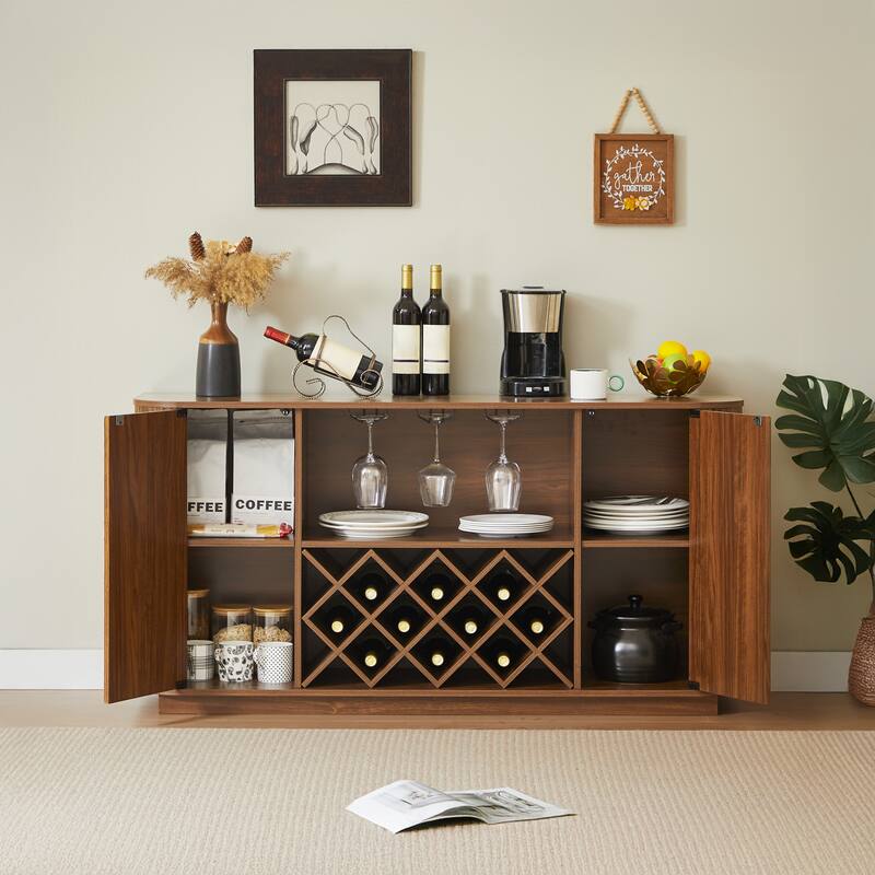58" Modern Wavy Curve Sideboard-Multifunctional storage cabinet with wine rack and glassware holder, Adjustable shelves