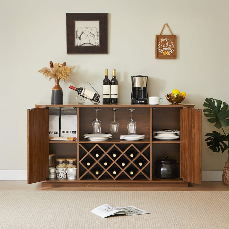 58" Wavy Curve Sideboard with Wine Rack & Glassware Holder, Adjustable Shelves, Multifunctional Storage Cabinet
