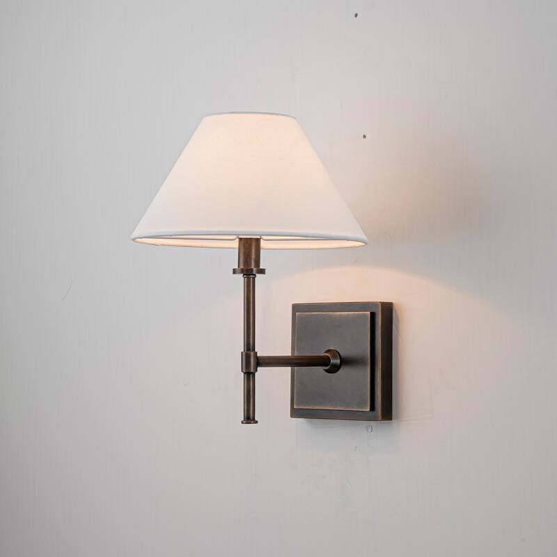 CraftHome Modern Bronze 12'' Tall 1-Light Fabric Shade Wall Sconces Farmhouse White Linen Tapered Shade Sconce - W11" - W11" - Brown/White