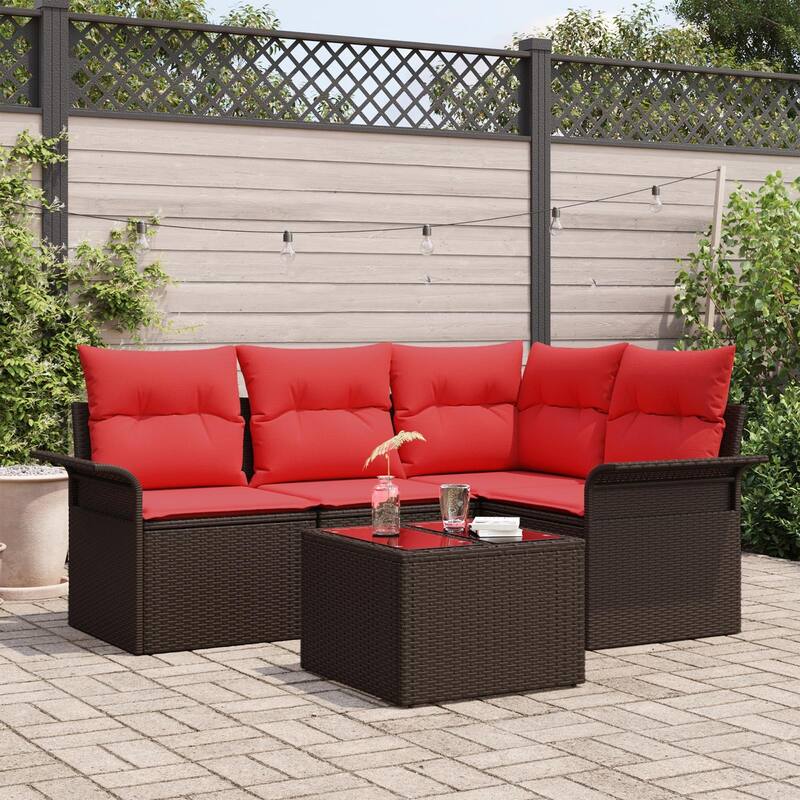 vidaXL 4/5-Seater Garden Sofa with Cushions Black/Brown/Grey Poly Rattan - 52.2 x 73.8 x 27.2 - Brown with table