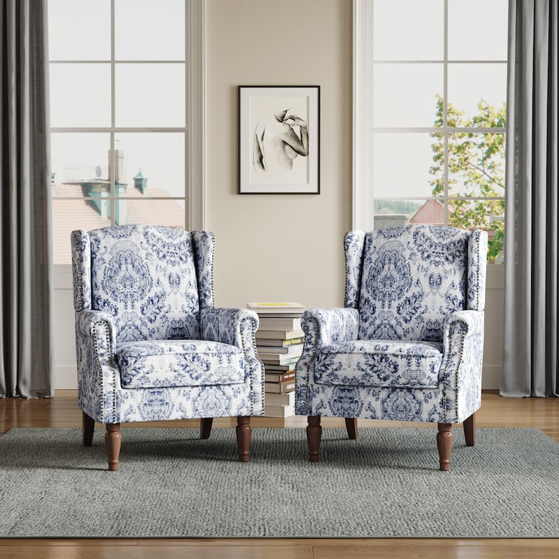 Traditional Nailhead Trim Armchair Accent Chairs Set of 2 - Navy Blue