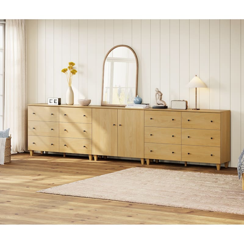 Wood Dresser with 12 Drawers and 1 Cabinet for Bedroom, 130" Wide - Oak