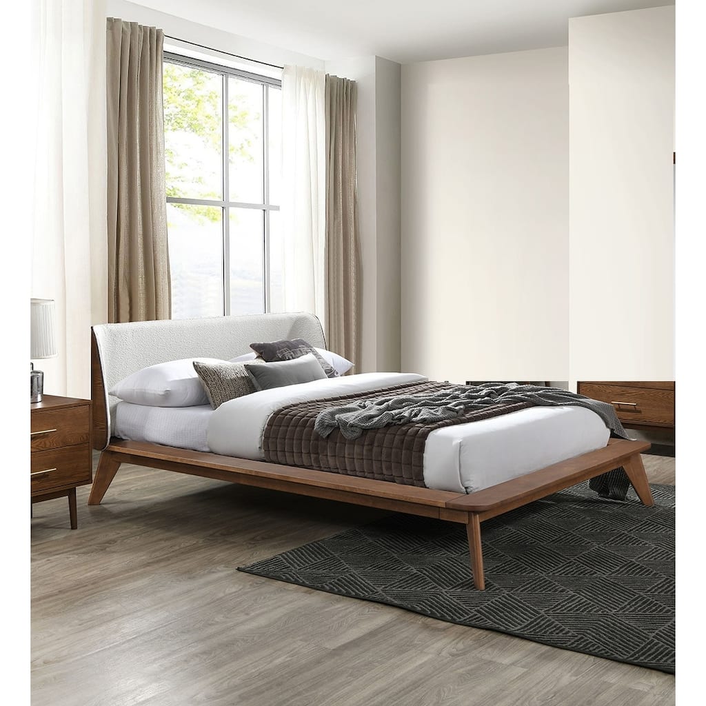 Mid-Century Modern Walnut Beige Full Size Platform Bed with Fabric Winged Edge Headboard
