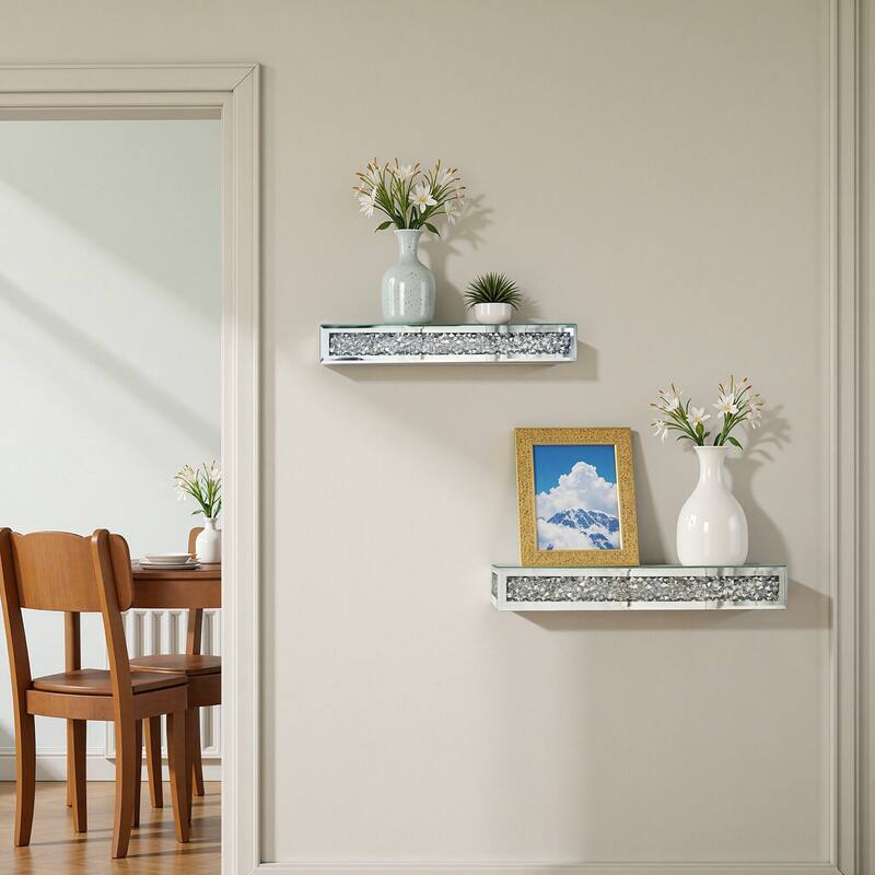 2 Pcs Crushed Diamond Display Shelves for Wall Stylish Floating Wall Shelf for Plants Mirrored Glass Floating Shelf