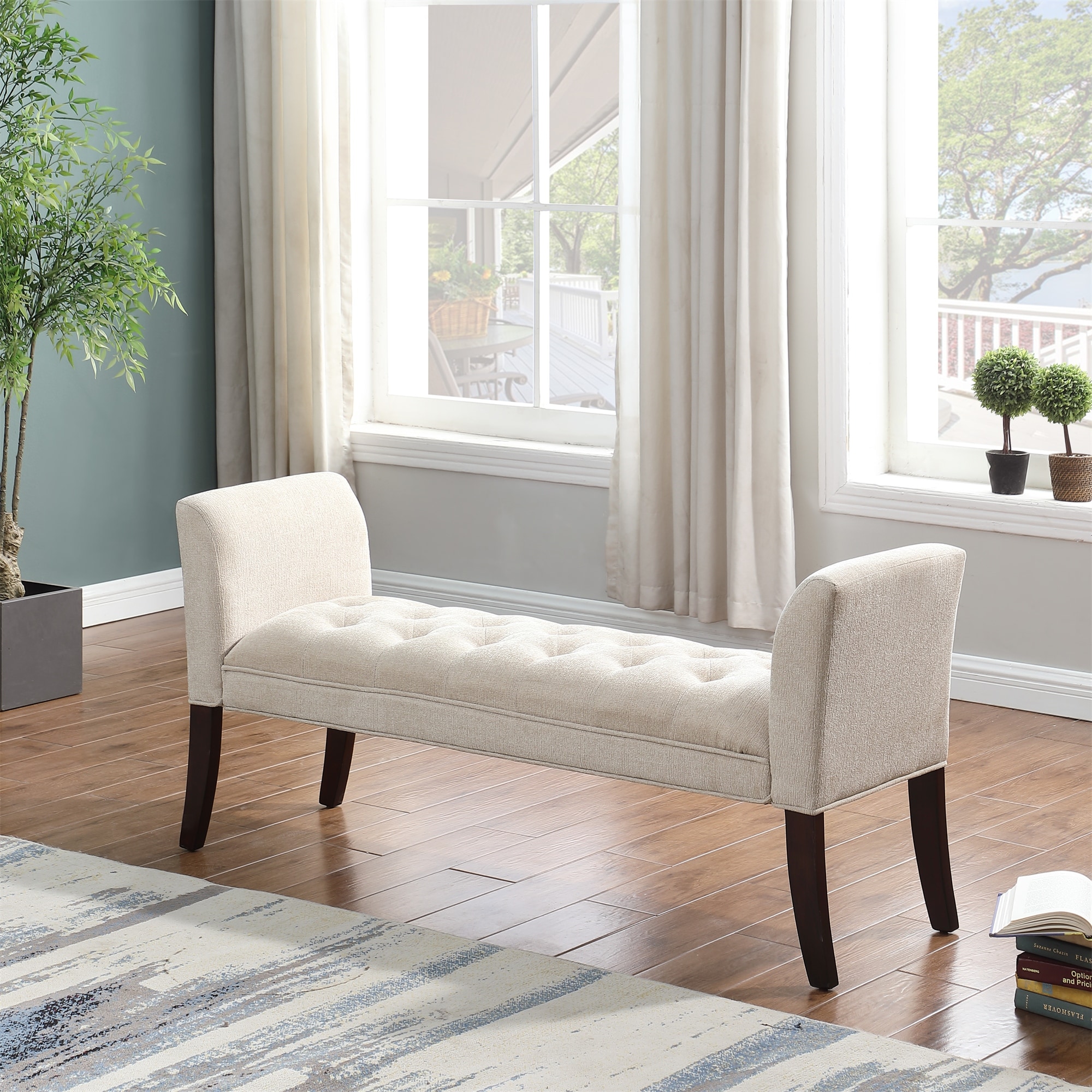 Button Tufted Bedroom Bench with Armrest and Solid Wood Legs On