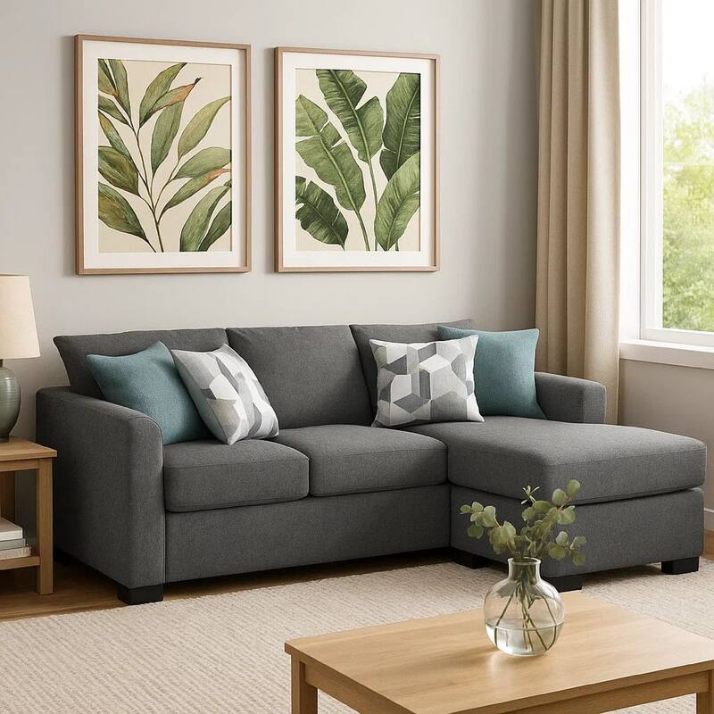 Storia Sleeper Sectional Chaise Sofa, Heather Gray, 4 Pillows, 84 Inch