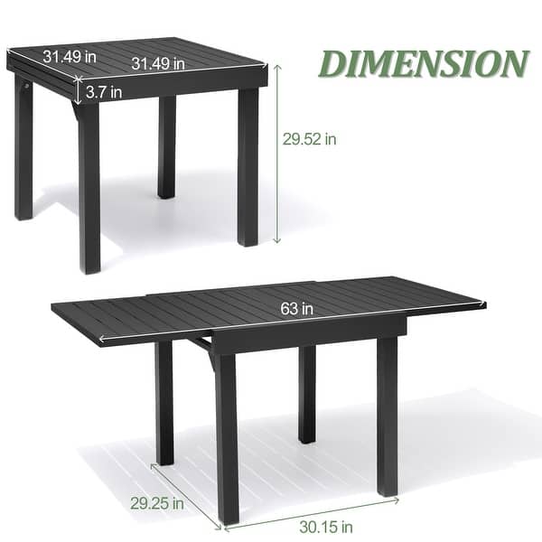 dimension image slide 0 of 4, 5/7/11PC Outdoor Aluminum Expandable Rectangle Patio Dining Table with Folding Chairs