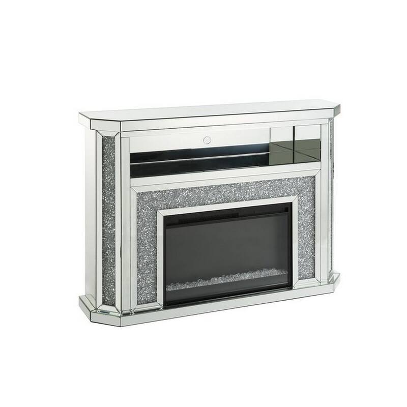 Electric Fireplace with Mirror Panel Framing and Faux Diamonds, Silver