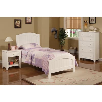 Twin Size Plywood Platform Bed Set with Vertical Line Headboard, Nightstand and 5-Drawer Chest