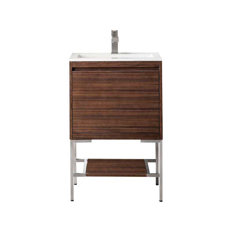 James Martin Vanities Mantova 23.6" Single Vanity Cabinet, Mid-Century Walnut - Brushed Nickel Base, Glossy White Top