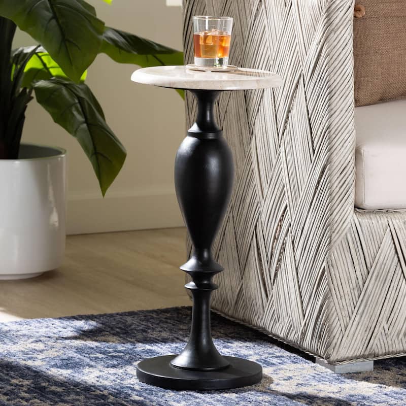 Perlita End Table with Marble Stone Top - Sculpted Pedestal Accent Side Table for Living Room or Entryway