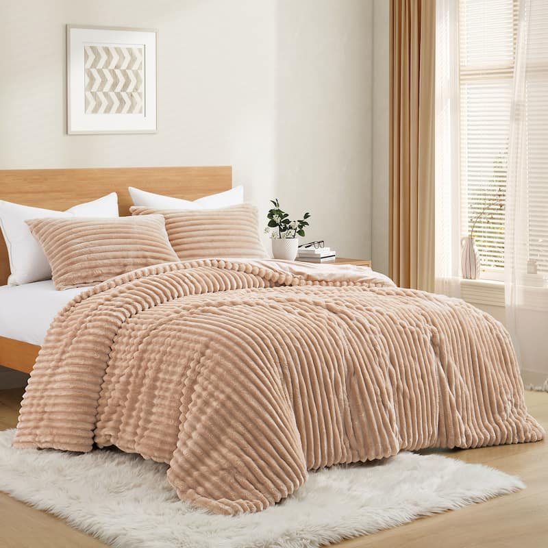 Flannel Fleece Plush Fuzzy Comforter Set Fluffy Winter Bedding Set with 2 Pillowcases - Camel - Queen