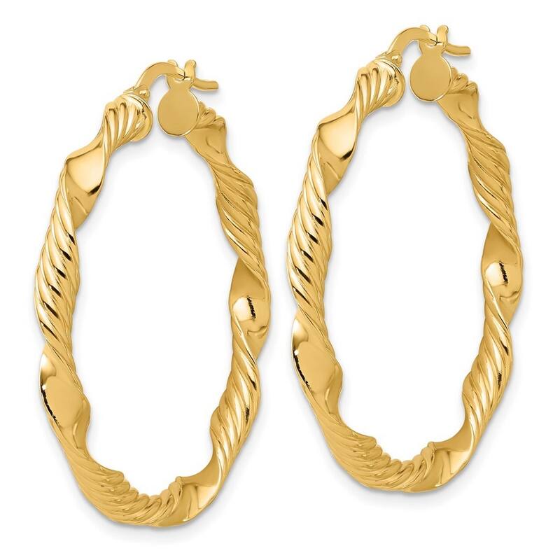 Curata 14k Yellow Gold Polished and Textured Round Hoop Earrings - 37.54x37.7mm