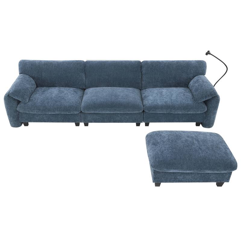 Striped Chenille Modular Sectional Sofa Set with Movable Ottoman, Phone Holder, Dual-Port Charging, 2 Side Storage Pockets