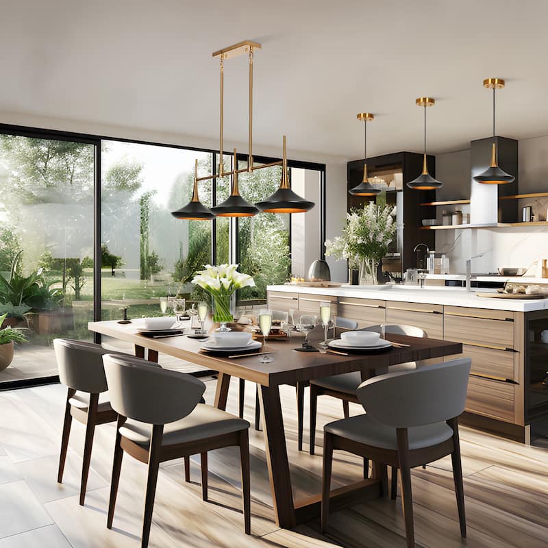 Conia Modern 3-Light Linear Chandelier Black Gold Island Pendant Lights - 34.6"Wx9"Dx11.8"H