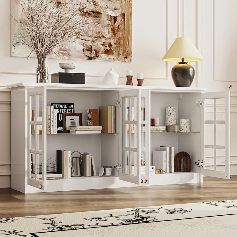White Wall Cabinet with Glass Panel Doors, 4-Door Hanging Storage Unit for Kitchen, Coffee Bar, Laundry Bookshelves