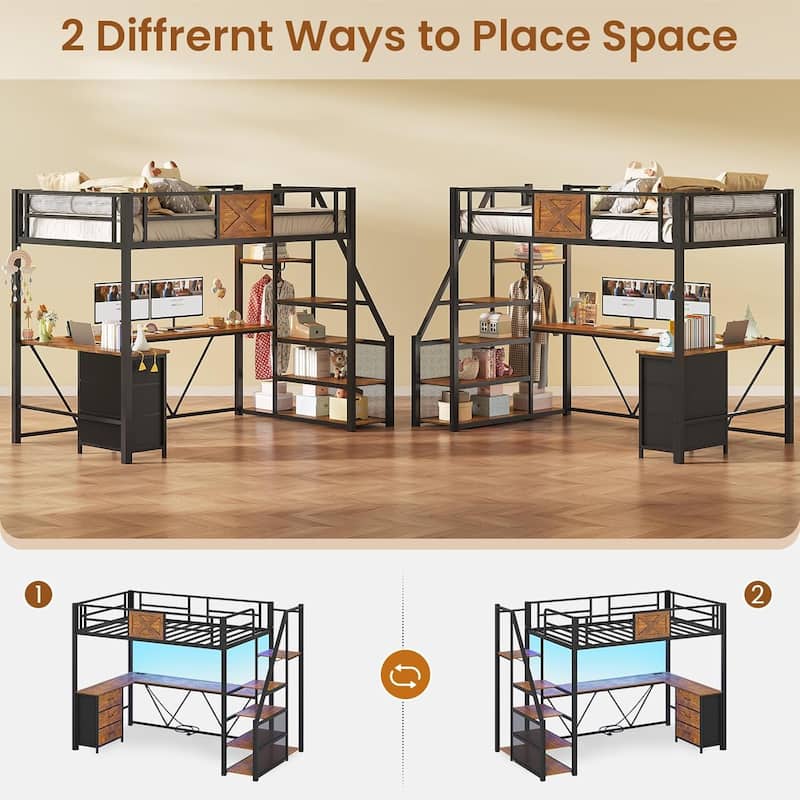 Stairway Twin Size Loft Bed with L Shaped Desk and Wardrobe 3 Drawers