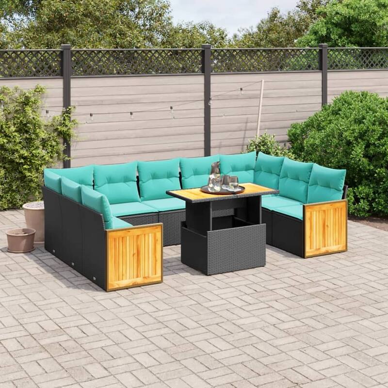 vidaXL 10 Piece Patio Sofa Set with Cushions Black/Gray Poly Rattan Acacia - 21.7 x 24.4 x 27.2 - Black without storage