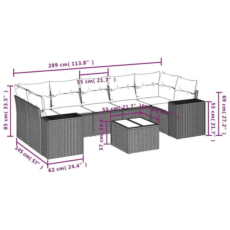 vidaXL 8 Piece Patio Sofa Set with Cushions Black Poly Rattan - 24.4" x 24.4" x 27.2"