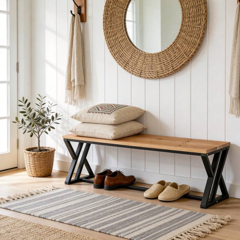 Solid Wood Entryway Bench With Metal Legs - Brown