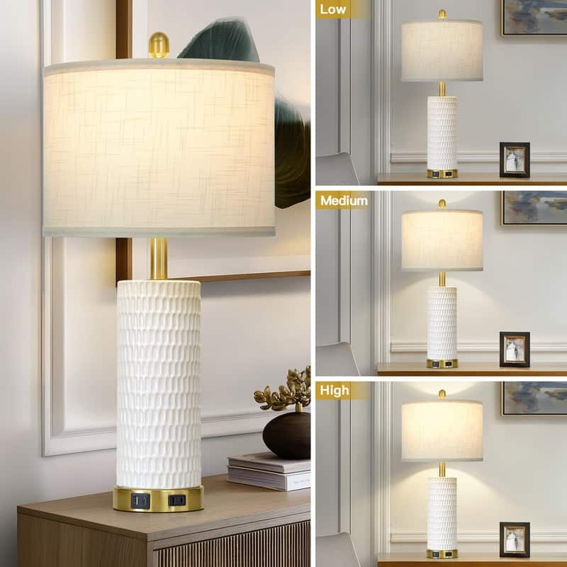 27'' White Elegant Table Lamps with USB-C Fast Charging, Ceramic Fixture(Set of 2 ) - 13'' x 13'' x 27''