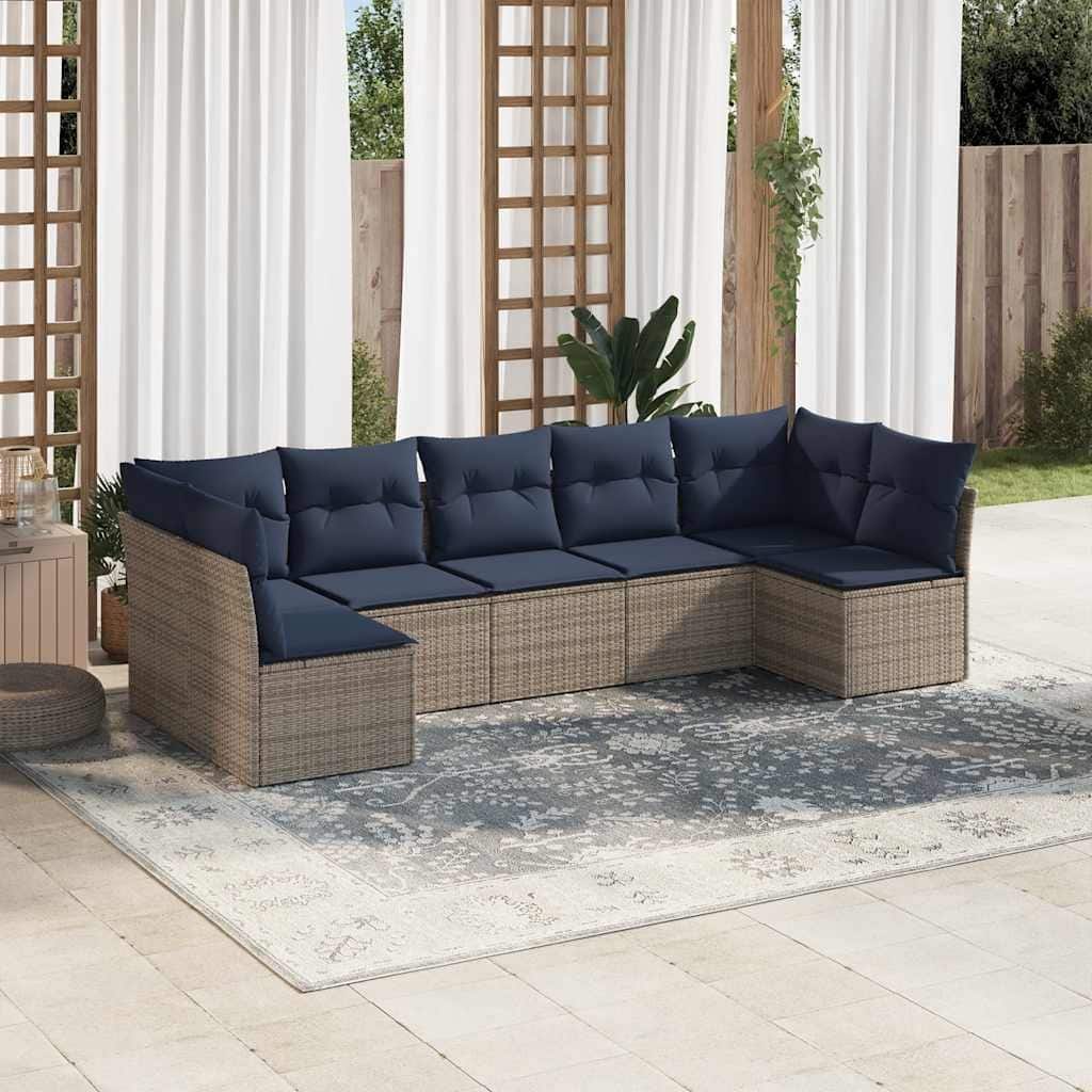 vidaXL 7/8 Piece Patio Sofa Set with Cushions Black/Brown/Gray Poly Rattan - 24.4 x 24.4 x 27.2