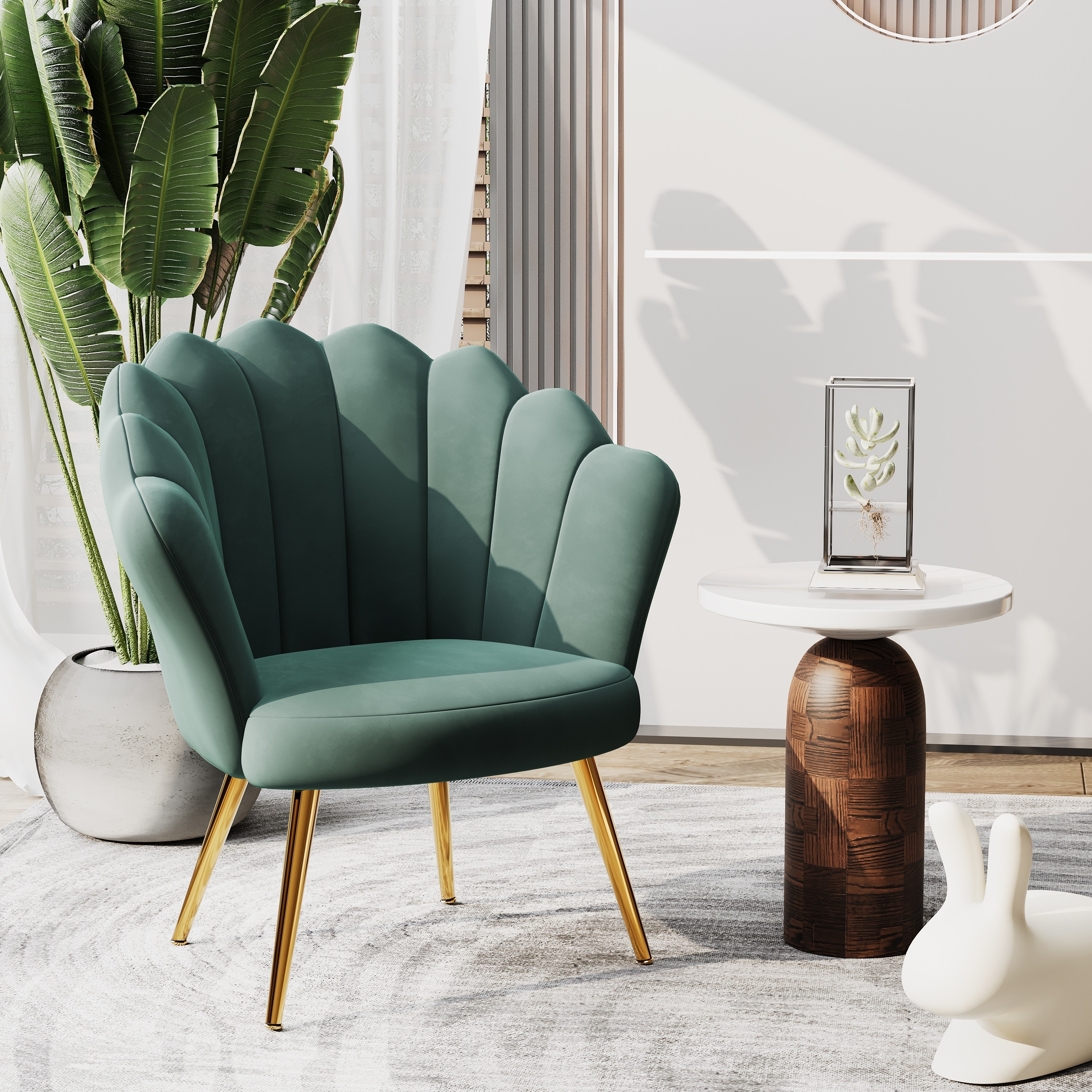 Andeworld accent chair for living room Velvet Gold Cute Vanity Chair with Back for Makeup Room Upholstered Shell Shaped Office