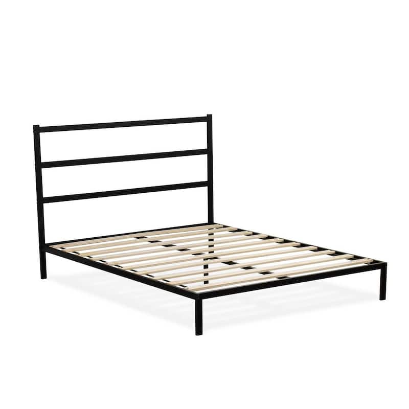 Queen Size Platform Bed Frame - Modern Bedroom Furniture with Metal Legs - Black Finish