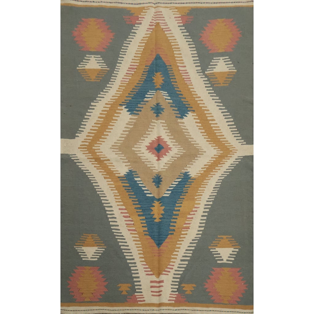 Hand Woven Oriental 100% Wool Carpet Southwestern Tribal Greys & Charcoal Kilim Area Rug - 6' 10'' X 4' 8''