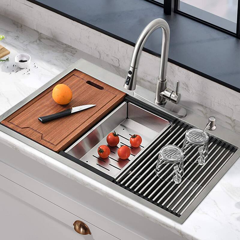 Workstation Drop-In Stainless Steel Kitchen Sink - 30" L x 22" W