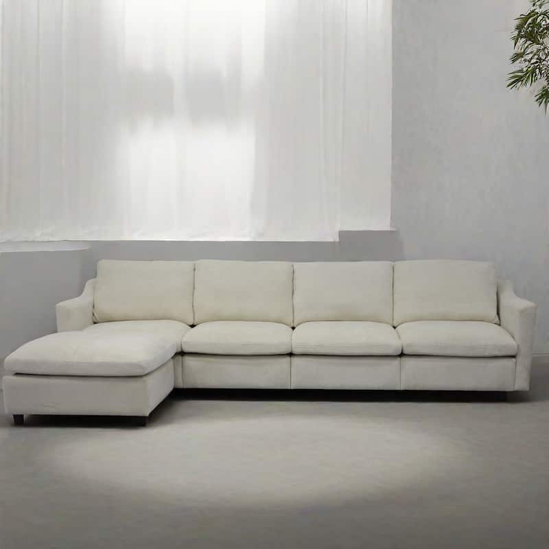 4-Seater Modern Beige Fabric Modular Sofa with Ottoman, Armrest Pockets and 4 Pillows