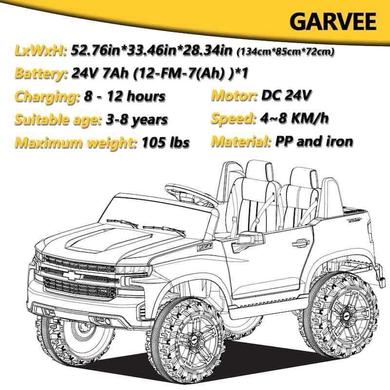 Baby Car 24V 2-Seater Truck Licensed Chevrolet Silverado Ride On Toy w/Parent Remote Control