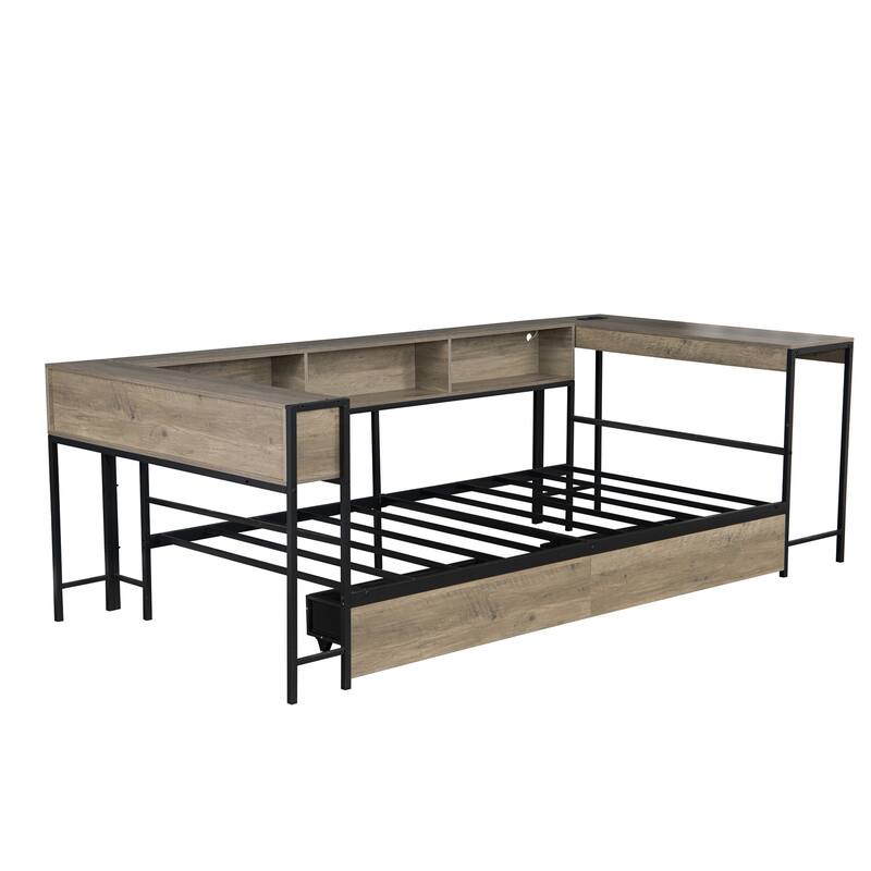 Corner Bed Frame Full Size with 2 Underbed Storage Drawers, LED Light & Charging Station