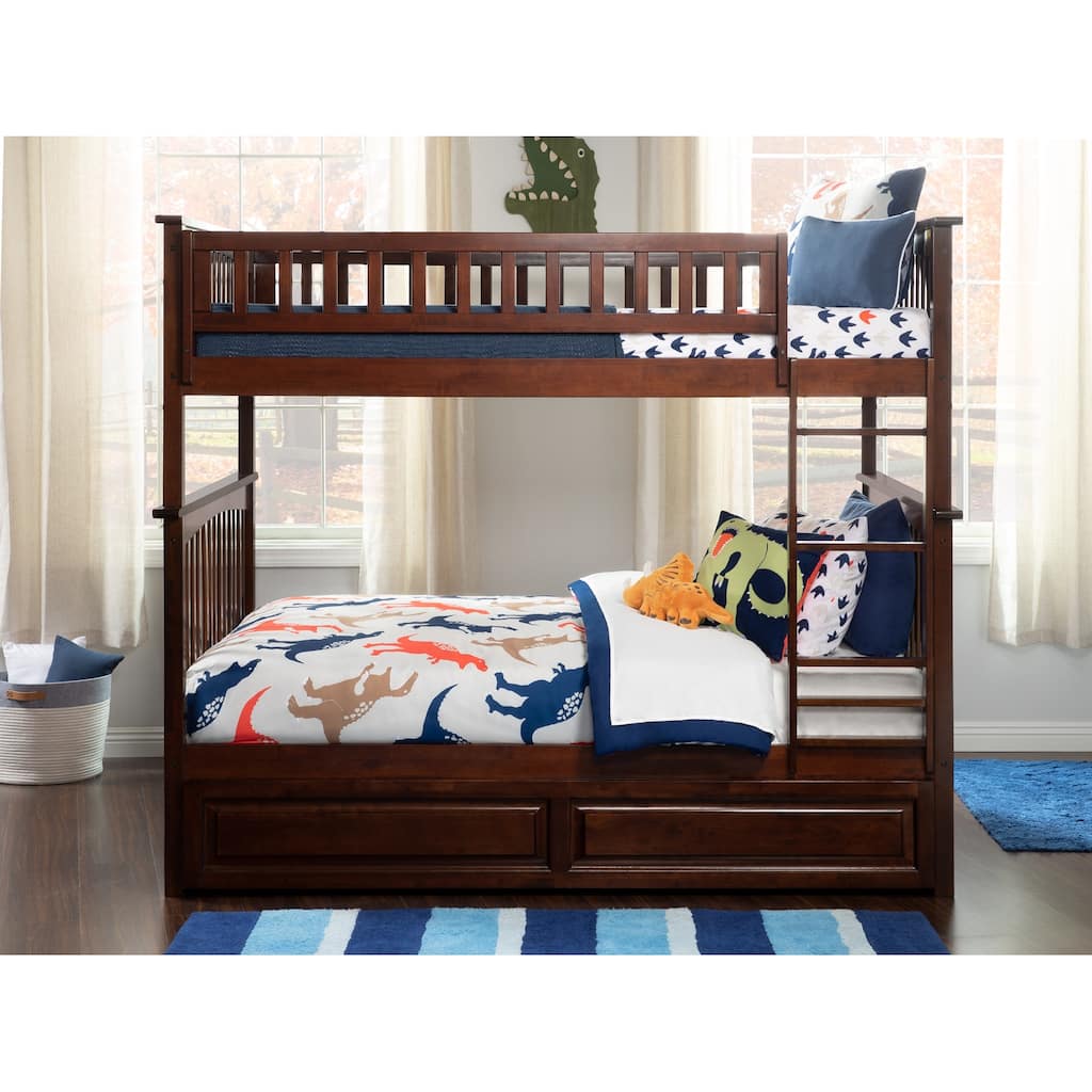 Columbia Bunk Bed Full over Full with Twin Trundle Bed in Walnut