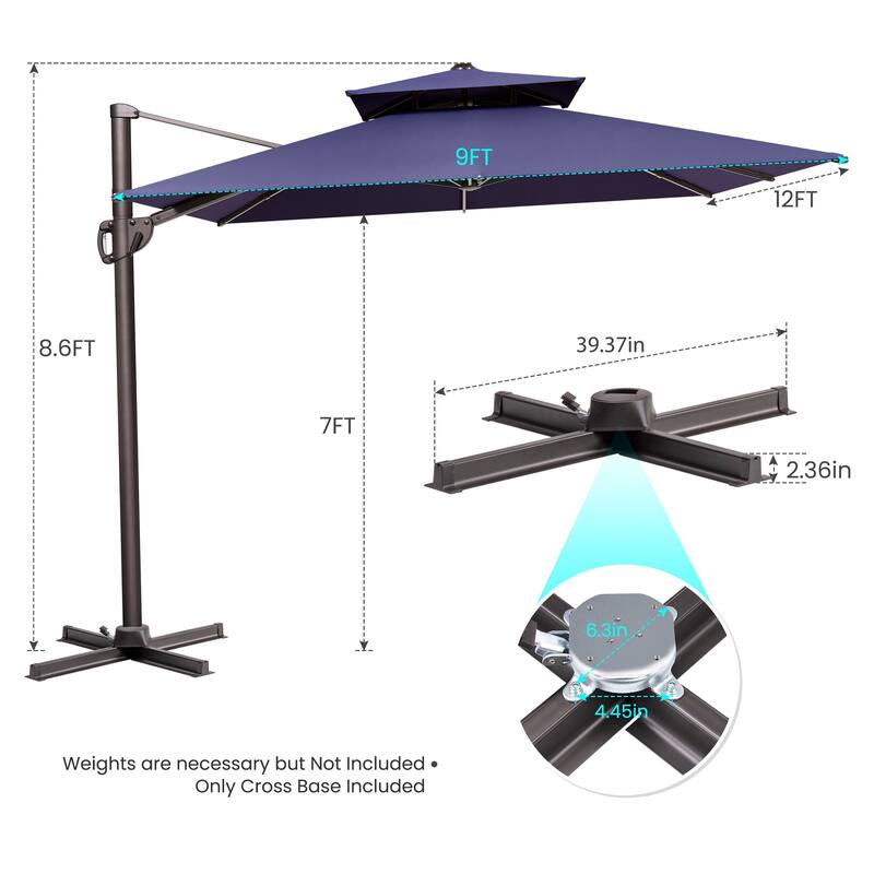 9 x 12 ft Outdoor Shade Parasol Patio Offset Cantilever Umbrella with Weights Base Stand
