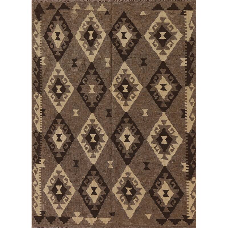 Hand Woven Oriental 100% Wool Carpet Southwestern Geometric Brown Kilim Area Rug - 6' 6'' X 4' 11''