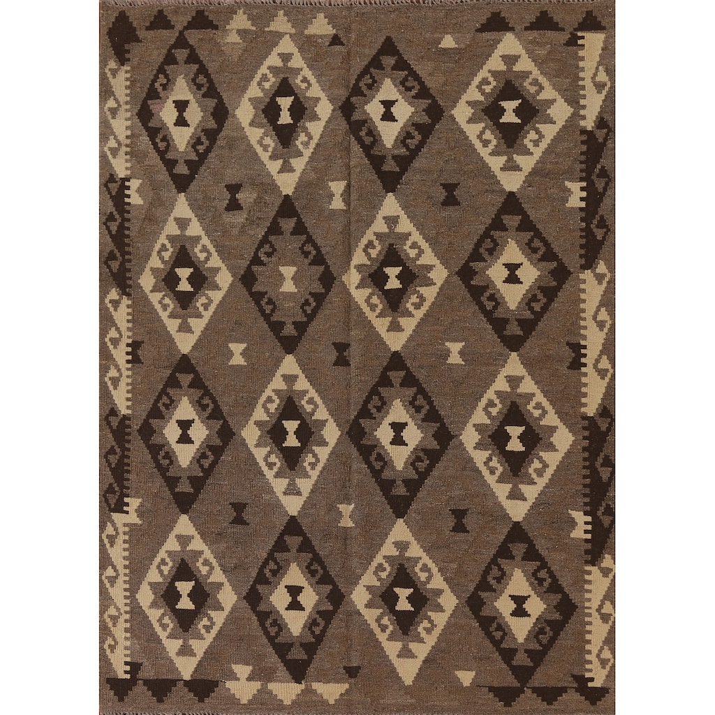 Hand Woven Oriental 100% Wool Carpet Southwestern Geometric Brown Kilim Area Rug - 6' 6'' X 4' 11''