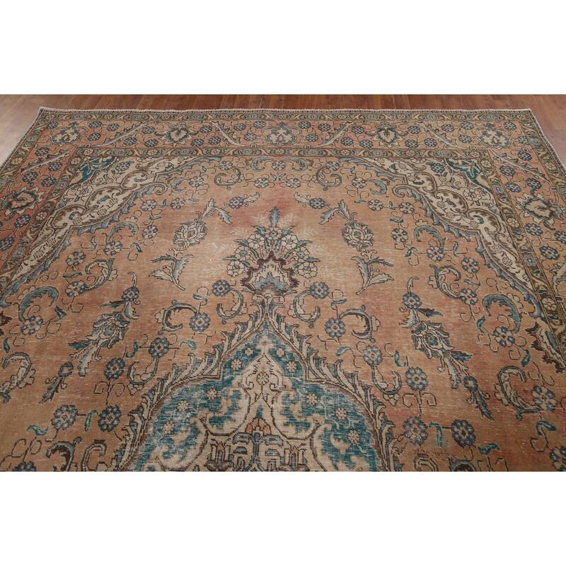 Distressed Tabriz Vintage Persian Rug Dining Room Handmade Wool Carpet - 9'3" x 12'9"