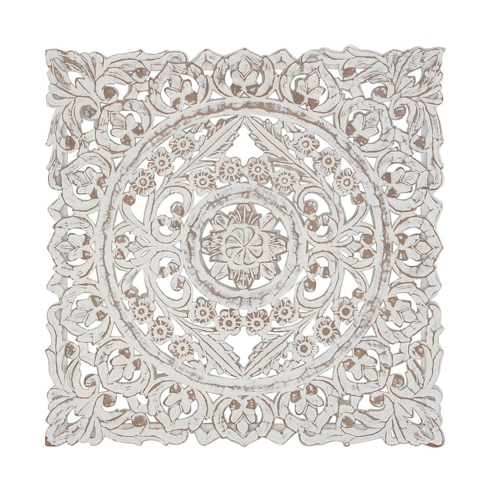 Wooden Floral Handmade Intricately Carved Home Wall Decor with Mandala Design - White - Roche River Decor