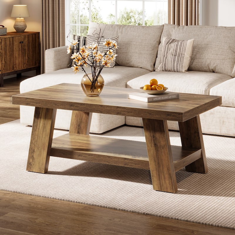 Industrial Rectangular Wood 2-tier Coffee Table for Living Room