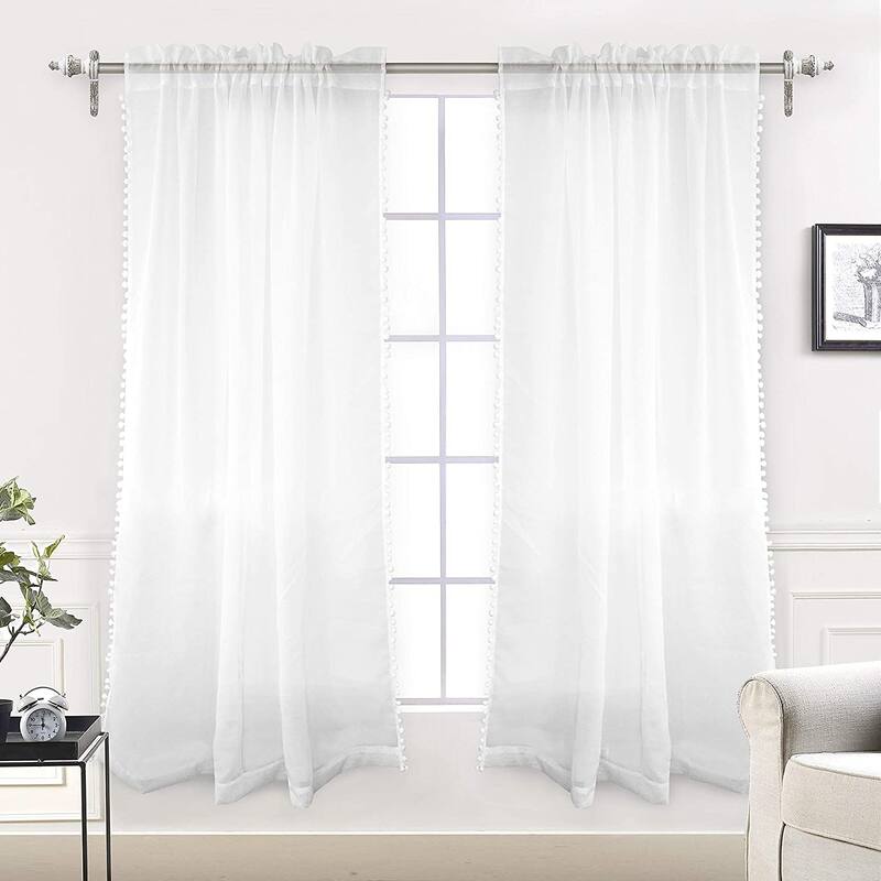 DriftAway Laura Pom Pom Sheer Window Curtain Panel Pair