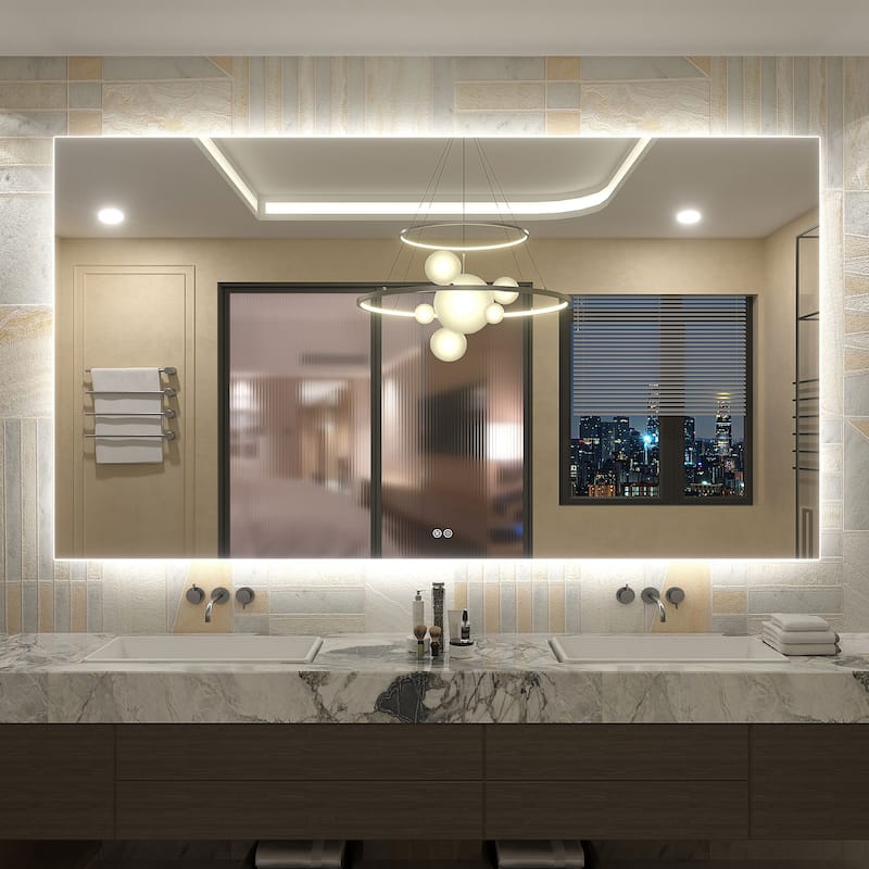 Frameless Anti-Fog 3 Colors Dimmable LED Backlit Wall Bathroom Vanity Mirror - 72" x 40"-Rectangular