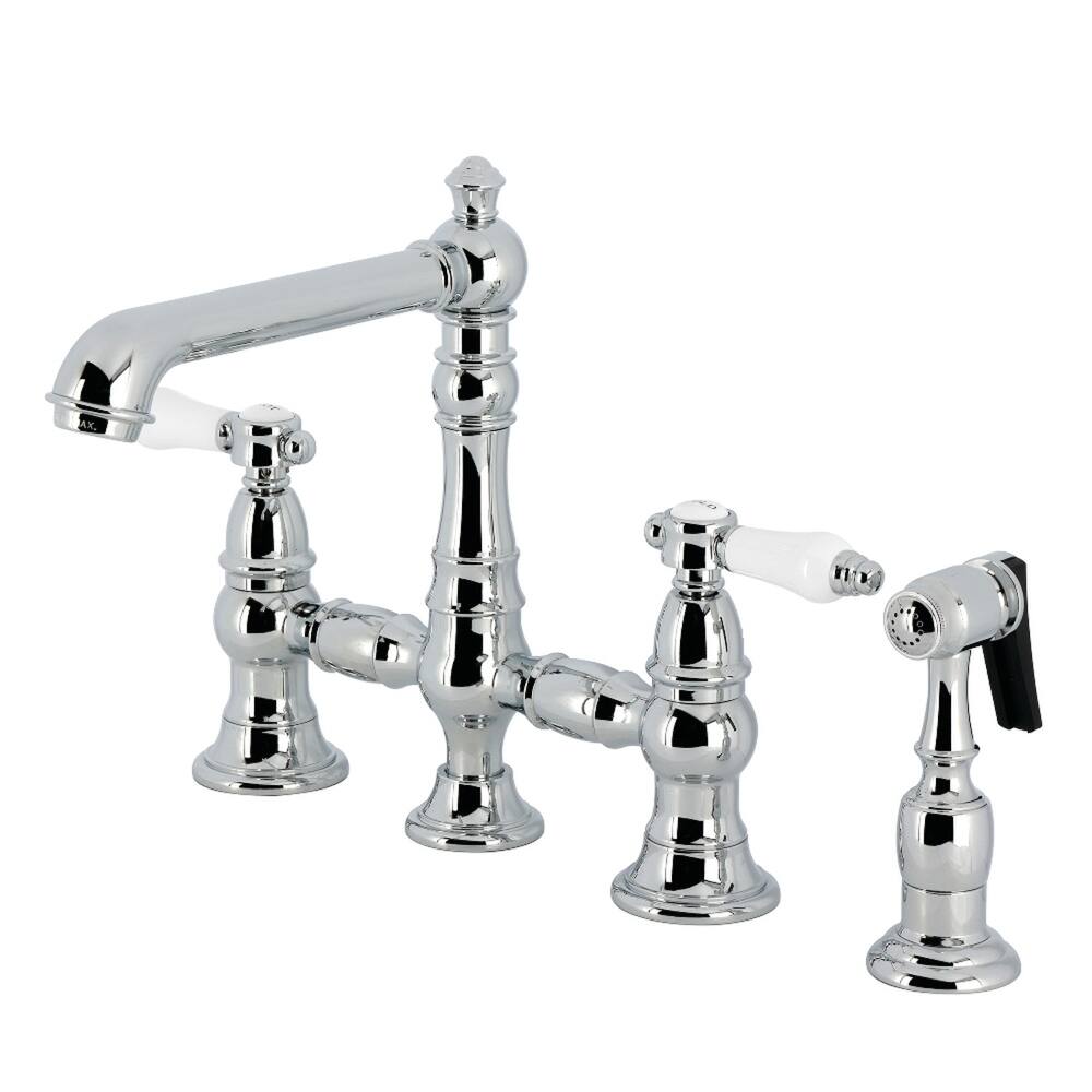 Kingston Brass Bel-Air Two-Handle 4-Hole Deck Mount Bridge Kitchen Faucet with Brass Side Sprayer