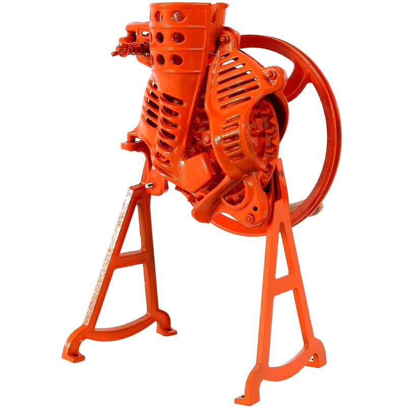 Orange Cast Iron Manual Thresher with Wooden Handle